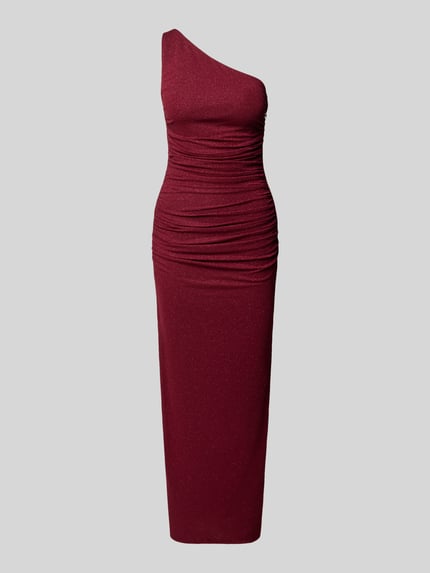Productfoto, bordeauxrood avondkleid met asymmetrische halslijn en plooien, aansluitende pasvorm van TROYDEN COLLECTION, midi lengte