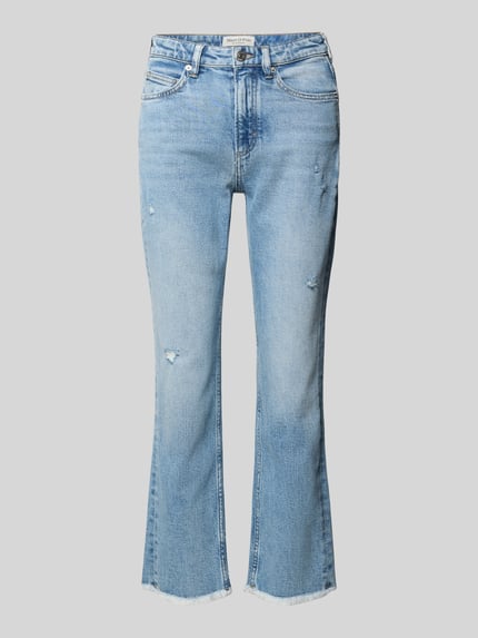 Produktfoto, Straight Leg Jeans aus Baumwoll-Mix Modell 'LINDE' von Marc O'Polo in hellem Blau mit 5-Pocket-Design und Fransenabschluss.