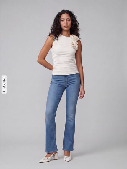 Frauenmodel trägt Slim Fit Bootcut-Jeans aus Baumwoll-Mix mit Lyocell-Anteil Modell '725 HIGH RISE BOOTCUT' von Levi's® 300 in Hellblau, kombiniert mit cremefarbenem Oberteil, neutrale Studiofarben, Ganzkörperansicht von vorne, Kontext: Damen Bootcut-Jeans von Levi's® 300, KI-modifiziertes Bild.