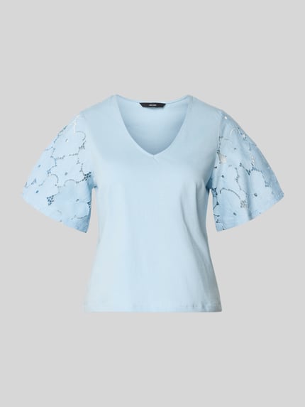 Produktfoto, Regular Fit Blusenshirt aus reiner katoen Model 'VILLA' van Vero Moda, look: effen, met kant, V-hals, korte mouw, jersey, puur katoen