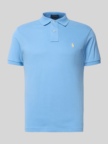 Produktfoto, Poloshirt mit Label-Stitching von Polo Ralph Lauren in Hellblau, reine Baumwolle, Regular Fit, Polokragen, kurze Knopfleiste.