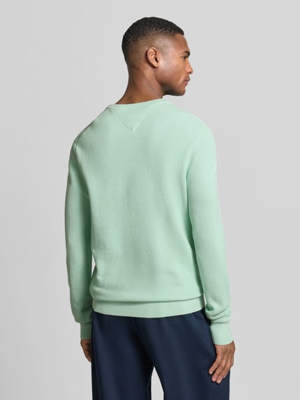 Männermodel trägt Regular Fit Strickpullover aus reiner Baumwolle von Tommy Hilfiger in Optik: Unifarben Strickoptik, Ganzkörperansicht Rückansicht.