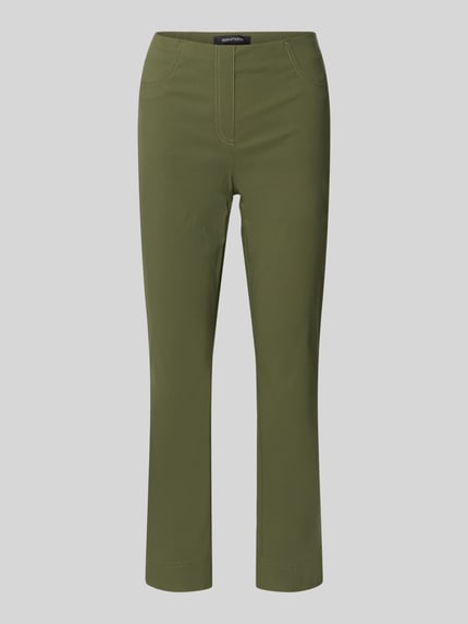 Produktfoto, Caprihose aus Viskose-Mix Modell 'Igor3' von STEHMANN w kolorze oliwkowym, krój slim fit, elastyczny pas, szerokość w rozmiarze 36: 38 cm, długość nogawki wewnętrznej: 69 cm, materiał z dodatkiem stretchu, gładka tekstura