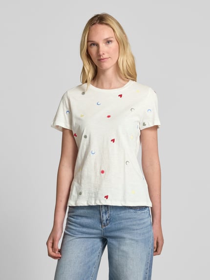 ICHI T-shirt z prążkowanym, okrągłym dekoltem model ‘OLYA’ Złamany biały 4