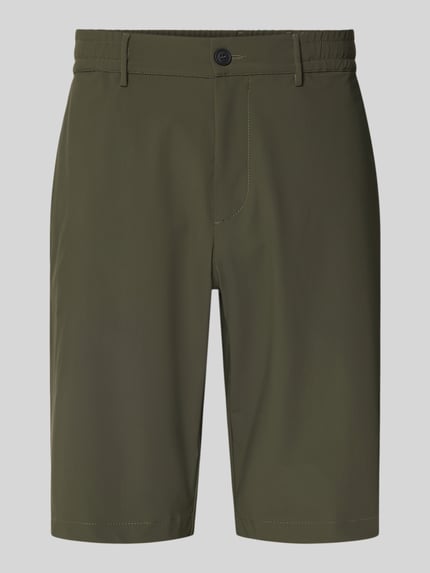 Produktfoto, Straight Fit Shorts mit elastischem Bund von CRUNA in Olivgrün, Gesäßtaschen, Bundweite 42 cm, Innenbeinlänge 26 cm, Herren Shorts