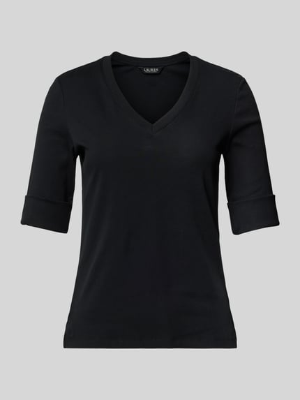 Produktfoto, schwarzes T-Shirt mit V-Ausschnitt Modell 'JUDY' von Lauren Ralph Lauren, Baumwoll-Elasthan-Mix, Regular Fit, glatte Struktur