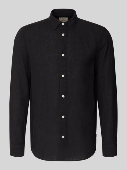 Produktfoto, Slim Fit Freizeithemd aus Baumwoll-Leinen-Mix Modell 'CAIDENLS SOLID' von Only & Sons, Optik: Unifarben, schwarze Farbe, durchgehende Knopfleiste, Kentkragen, Materialverarbeitung: Flammgarn