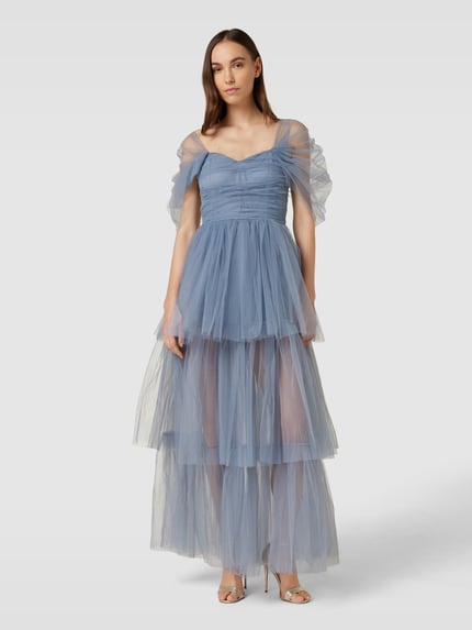 Lace & Beads Avondjurk in off shoulder-design Rookblauw - 4
