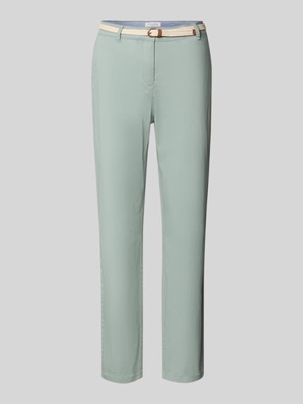 Produktfoto, Chino mit Gürtel und Gesäßtaschen von Christian Berg Woman in hellem Mintgrün, Baumwoll-Elasthan-Mix, Regular-Fit, glatte Oberfläche, Bundweite 41 cm, Innenbeinlänge 74 cm, Größe 36.