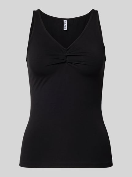 Produktfoto, Slim Fit Top aus Viskose-Mix Modell 'MALIVA' von Pieces in Schwarz, unifarben, V-Ausschnitt, ärmellos, elastische Textur