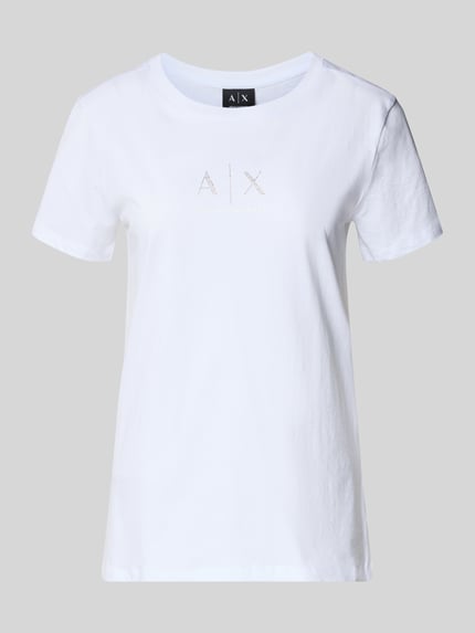 Productfoto, T-Shirt met ronde hals en logo van ARMANI EXCHANGE in wit, katoen, regular fit, ruglengte maat S 62 cm.