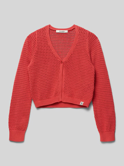 Produktfoto, Regular Fit Strickjacke mit Lochmuster von Garcia in Koralle, reine Baumwolle, Knopfverschluss, elastische Abschlüsse, V-Ausschnitt, Logo-Detail