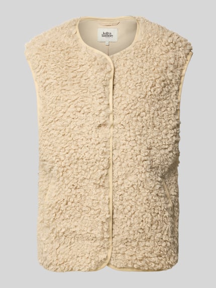 Produktfoto, cremefarbene Weste aus Teddyfell Modell 'Vada' von LOLLYS LAUNDRY mit Knopfleiste, Rundhalsausschnitt, strukturierte Oberfläche, Damen Weste Regular Fit
