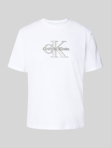 Produktfoto, weißes Regular Fit T-Shirt aus reiner Baumwolle von Calvin Klein Jeans mit Logo-Print, glatte Oberfläche, schlichte Form.