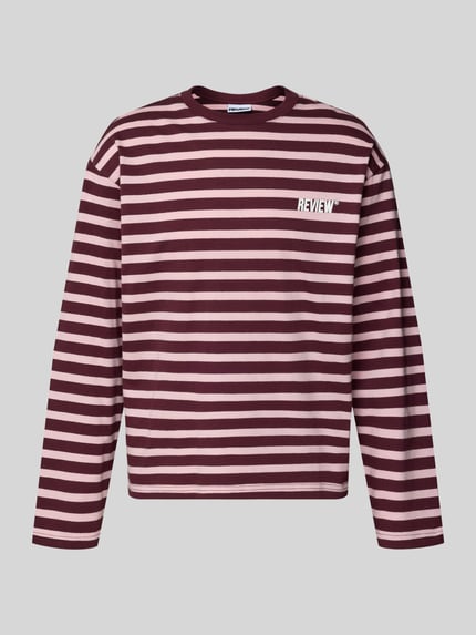 Produktfoto, Gestreiftes Langarmshirt mit Logoprint vorne und hinten von REVIEW aus reiner Baumwolle im Regular Fit, Rundhalsausschnitt, Streifenmuster