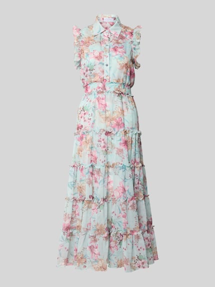 Produktfoto, Regular Fit Maxikleid mit Rüschenbesatz von ADLYSH in Floraler-Allover-Print, Knopfleiste, Umlegekragen, ärmelloses Design, taillierte Passform, zartes Pastellfarben, leichte Struktur
