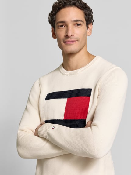 Männermodel trägt Regular Fit Pullover mit Motiv-Print von Tommy Hilfiger in Strickoptik, Rundhals, langarm, Nahaufnahme Oberkörper.