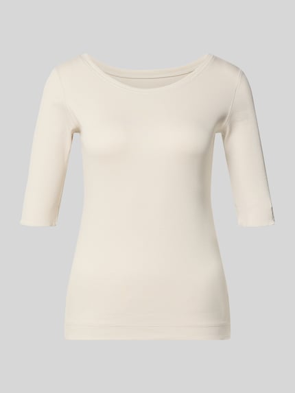 Produktfoto, T-Shirt in Ripp-Optik mit Rundhalsausschnitt von Marc Cain, Damen T-Shirt im Slim-Fit aus Baumwoll-Elasthan-Mix, cremefarben, Rückenlänge bei Größe 36 57 cm, glatte Struktur