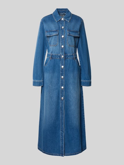 Produktfoto, Jeanskleid mit Brusttaschen von COMMA in klassischem Blau, reine Baumwolle, A-Linie, Knopfleiste, Maxilänge, Hemdblusenkragen
