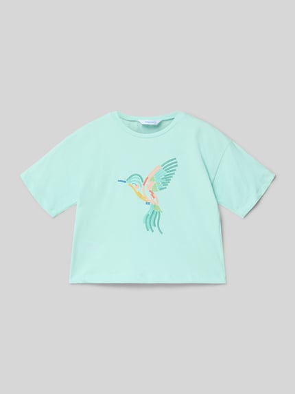 Produktfoto, T-Shirt mit Motiv und 1/2-Arm von Mayoral aus reiner Baumwolle, Boxy Fit, mintgrün mit Vogelmotiv, Rundhalsausschnitt