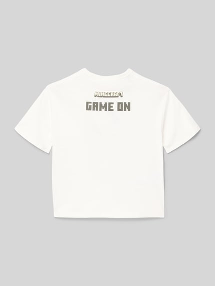 Produktfoto, weißes Kinder T-Shirt mit Motiv-Print von Mango aus reiner Baumwolle, Regular-Fit, gerippter Rundhalsausschnitt, Rückenlänge 42 cm bei Größe 116.