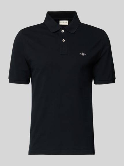 Productfoto, Slim Fit Poloshirt met Logo-Stitching van Gant, zwarte katoenen polo met korte mouwen en polokraag, herenmodel