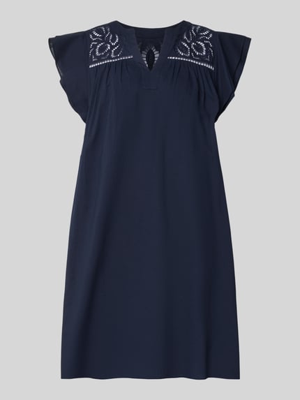 Produktfoto, Relaxed Fit Minikleid mit Loch-Stickerei von ROBE LÉGÈRE, Reine Baumwolle, Tunika-Ausschnitt, Kappärmel, navyblau.