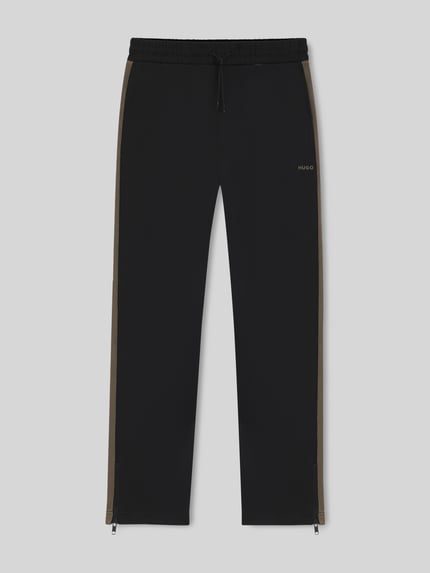 Produktfoto, Relaxed Fit Jogginghose mit Galonstreifen Modell 'DOLOS' von HUGO in Schwarz, unifarben, Sweat-Material, Label Print, Tunnelzug-Bund.