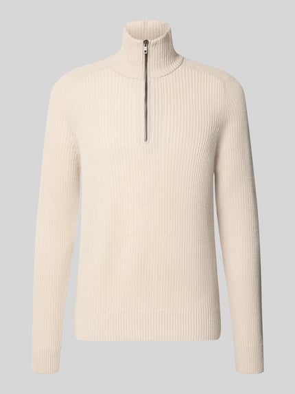 Produktfoto, Strickpullover aus Schafswolle mit Troyer-Kragen von MAERZ Muenchen, kremowy, faktura dzianiny, krój slim fit, Kołnierz zapinany, zamek błyskawiczny, Długość tyłu w rozmiarze 50: 69 cm, Długość rękawów w rozmiarze 50: 74 cm