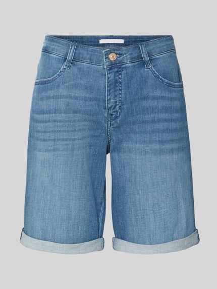 Productfoto, Bermudas met steekzakken model 'Summer Clean' van MAC, dames bermudas van katoenmix met stretch, straight fit, knoop- en ritssluiting, zijsteekzakken, achterzakken, bandwijdte maat 36: 41 cm, binnenbeenlengte maat 36: 30 cm, blauwe denim look, gladde textuur
