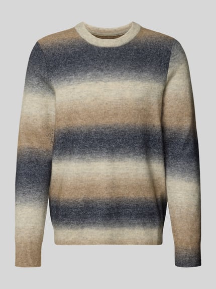 Produktfoto, Strickpullover mit Rundhalsausschnitt Modell 'AIDEN' von Samsøe Samsøe in Blau-Beige-Grau Tönen, gerader Schnitt, gestrickte Textur, Material-Mix mit Alpaka-Anteil