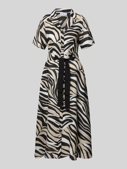 Productfoto, jurk uit puur linnen met reverskraag model 'SPACCHE' van Marella, getailleerde fit, zwart-wit zebrapatroon, maxi-lengte