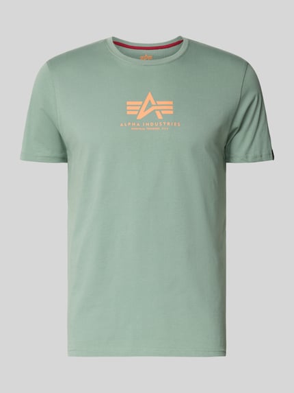Produktfoto, T-Shirt mit Logo und Rundhalsausschnitt von Alpha Industries in Pastellgrün, Reine Baumwolle, Regular-Fit, Logo, Rückenlänge 67 cm bei Größe M