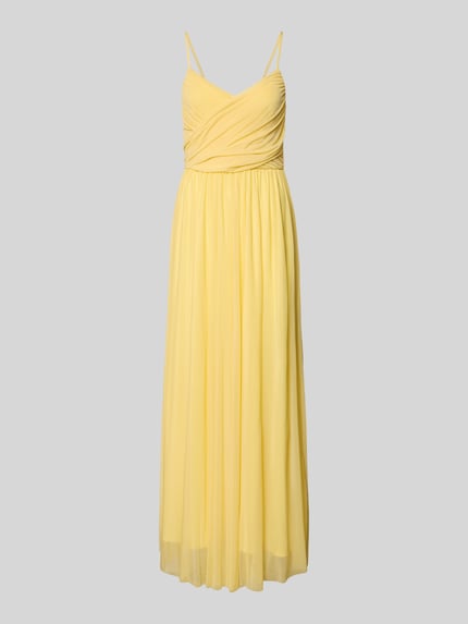 Produktfoto, Abendkleid mit Drapierungen Modell 'Cathleen' von GUIDO MARIA KRETSCHMER WOMAN aus gelbem Chiffon als Maxikleid mit Taillierter Schnitt, V-Ausschnitt und verstellbaren Spaghettiträgern