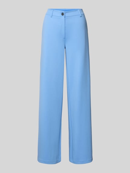 Produktfoto, jasnoniebieska Wide Fit Stoffhose mit Viskose-Anteil Modell 'Nanni' von FREE/QUENT, z elastycznego materiału, widoczne kieszenie tylne oraz zapięcie na guzik i zamek błyskawiczny, damskie spodnie materiałowe, kontekst: szeroka nogawka, szerokość w pasie 40 cm, długość nogawki 79 cm.