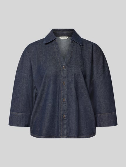 Produktfoto, Relaxed Fit Jeansbluse aus katoenmix van Tom Tailor, Dames jeansblouse, donkerblauw, zichtbare structuur, zonder personen