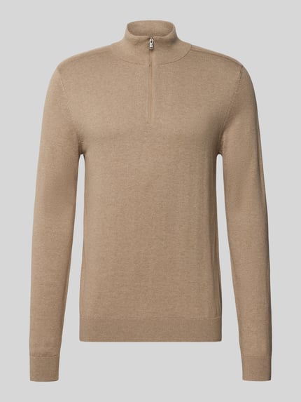 Produktfoto, Regular Fit Troyer uit pure katoen model 'BERG' van SELECTED HOMME, beige, uni, rits, ribstructuur, label stitching
