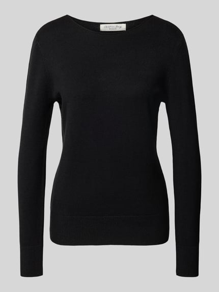 Produktfoto, Regular Fit Strickpullover aus Viskose-Mix mit U-Boot-Ausschnitt von Christian Berg Woman, schwarze Farbe, gerippte Abschlüsse, langärmliges Design, glatte Textur