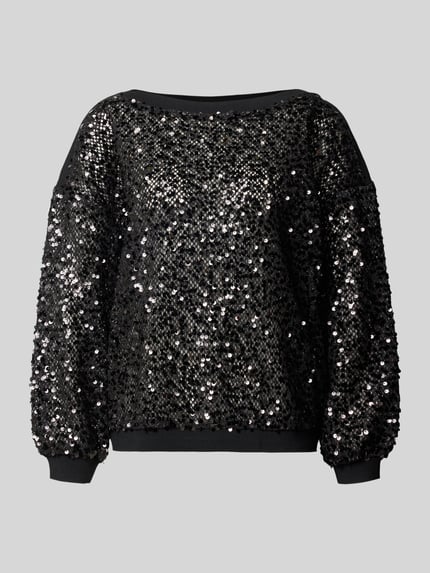Produktfoto, zwarte gebreide pullover met pailletten, elastische boordjes, Relaxed fit, Model 'Netty' van FREE/QUENT, dames, ruglengte maat S: 59 cm, mouwlengte maat S: 46 cm