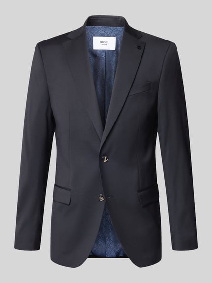 Produktfoto, Slim Fit 2-Knopf-Sakko mit Pattentaschen Modell 'Move Alesso' von DIGEL aus Schurwoll-Elasthan-Mix in klassischem Dunkelblau, glatte Oberfläche, mit Reverskragen, geeignet für Herren, Rückenlänge 74 cm, Schulterbreite 46 cm, Ärmellänge 67 cm.