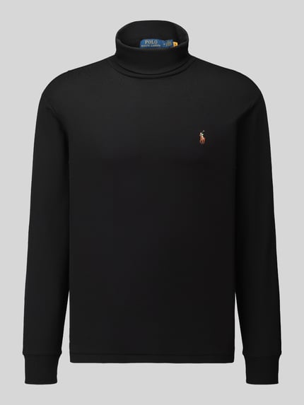 Produktfoto, schwarzer Regular Fit Rollkragenpullover aus reiner Baumwolle von Polo Ralph Lauren, glatte Struktur, dezentes Logo vorn