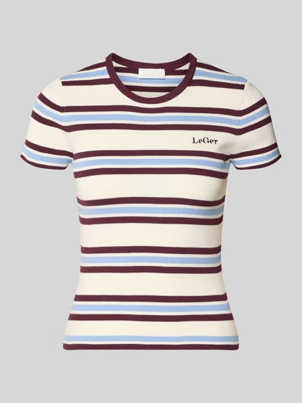 Produktfoto, T-Shirt mit Logo-Stitching Modell 'Danielle' von LeGer by Lena Gercke, gestreift in Creme, Blau, Braun, Viskose-Mix, Feinripp, körpernaher Schnitt, Rundhalsausschnitt