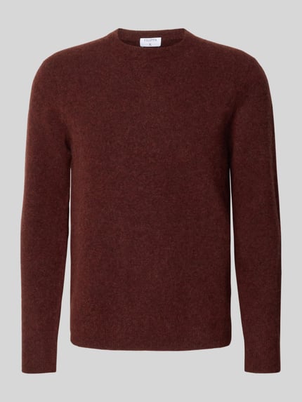 Produktfoto, Wollpullover mit Yak-Anteil von Filippa K w kolorze ciemnoczerwonym, prosty krój, okrągły dekolt, prążkowane wykończenia, mieszanka wełny z jaka, długość tyłu w rozmiarze M: 70 cm