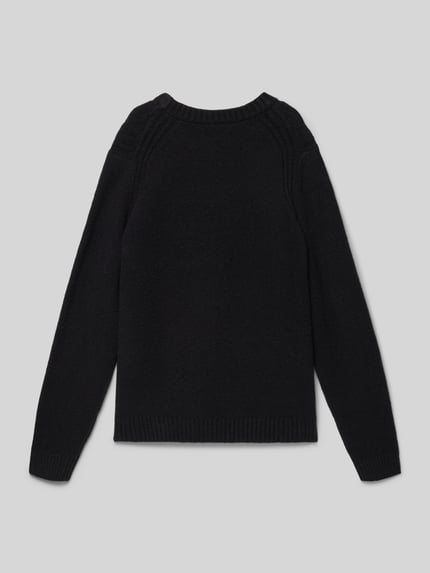 Productfoto, Strickpullover met gerippten Abschlüssen van Jack & Jones voor kinderen van katoenmix met stretch, los model, zwarte kleur, ribboorden, ronde hals, ruglengte 57 cm, mouwlengte 62 cm