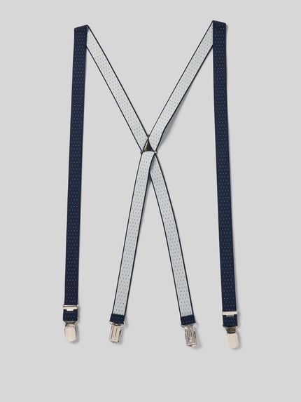 Produktfoto, Hosenträger in X-Form van Willen in donkerblauw met subtiel patroon, elastisch materiaal, metalen clips, X-vorm, rechte weergave.