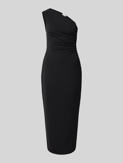 Produktfoto, Eng anliegendes Cocktailkleid mit One-Shoulder von Jake*s Cocktail in Schwarz mit glatter Textur vor grauem Hintergrund