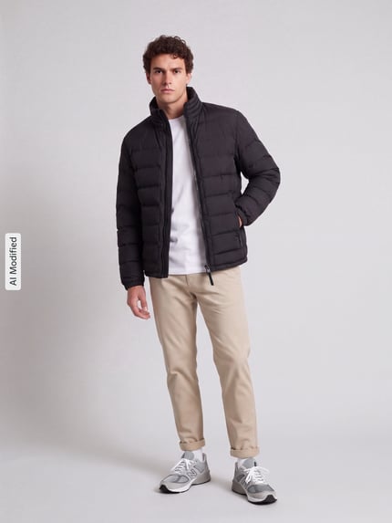 Männermodel trägt Regular Fit Steppjacke mit Stehkragen Modell 'MODENA FUSED' von Strellson, Herren Steppjacke, Ganzkörperansicht von vorne, KI-modifiziertes Bild.