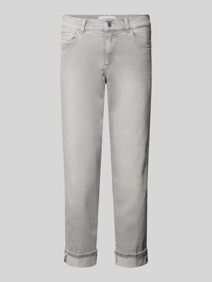 Productfoto, lichtgrijze straight fit jeans in 5-pocket-design model 'Darlene' van Angels, katoenmix met stretch, vaste omslag.
