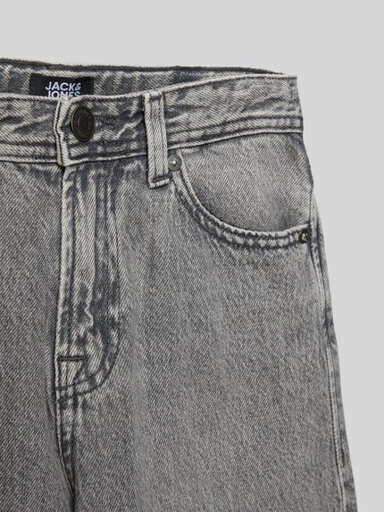 Produktfoto, Jeans mit Eingrifftaschen Modell 'ALEX' von JACK & JONES aus Reine Baumwolle im Relaxed-Fit, grau melierte Textur, Nahaufnahme Oberkörper