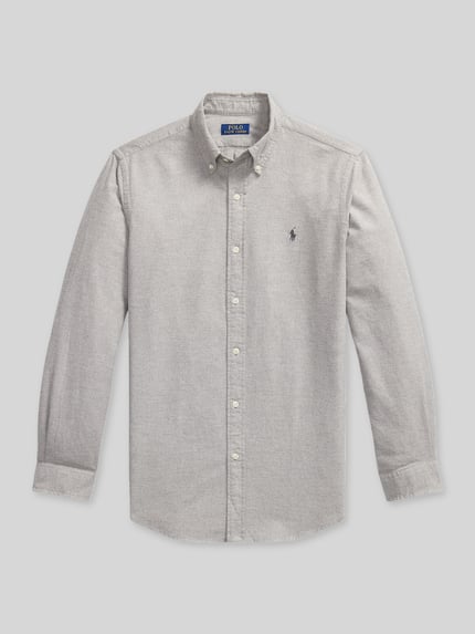 Produktfoto, grau-meliertes Custom Fit Freizeithemd aus reiner Baumwolle von Polo Ralph Lauren, weiße Knöpfe, glatte Textur.